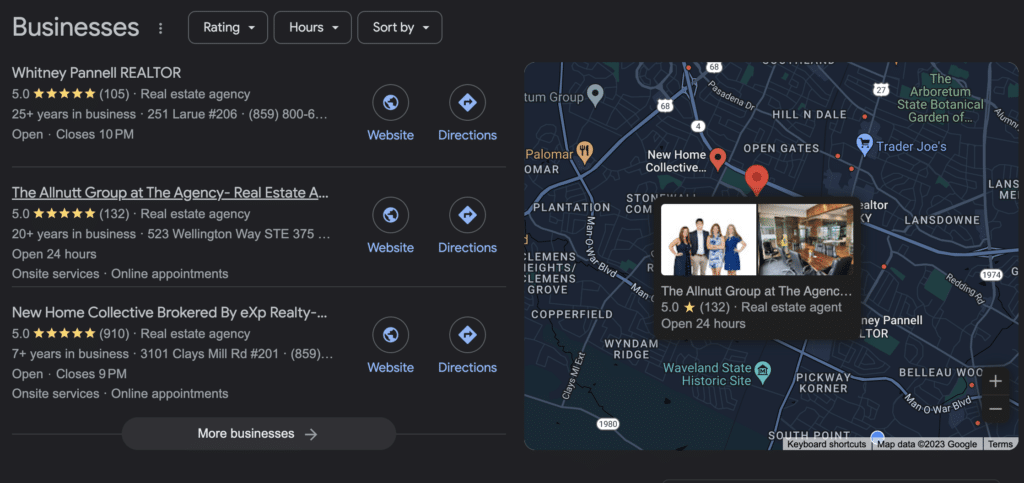 Google's map-pack google business profiles for 'Real Estate Agent in Lexington KY'